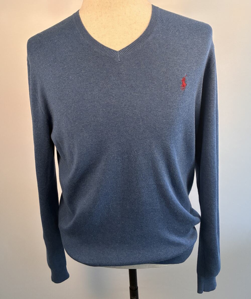Polo Ralph Lauren Sweater Mens Medium Blue 100% Pima Cotton V-Neck Red Pony M